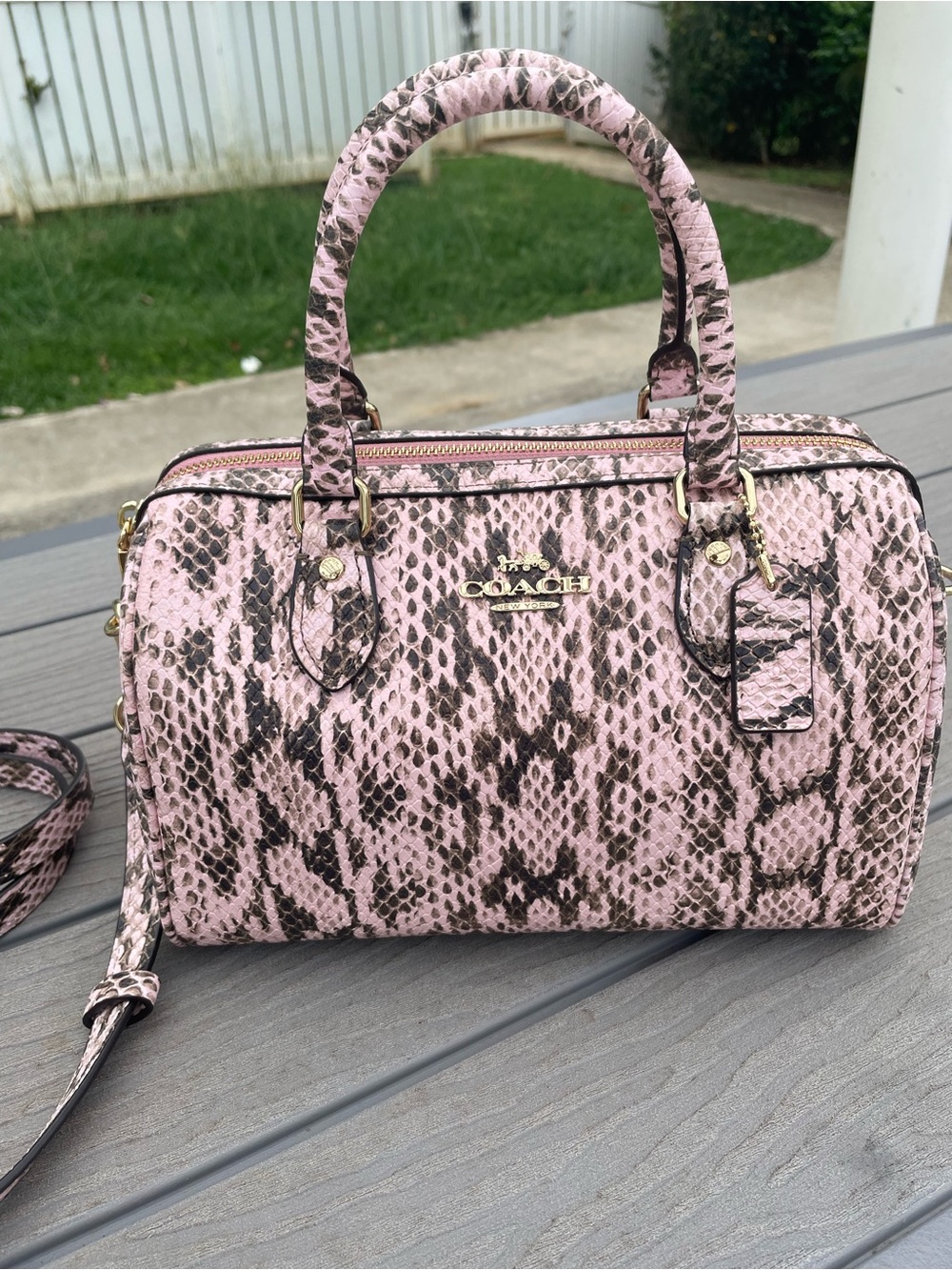 Coach Medium Pink Snake-Print Rowen with Gold Hardware